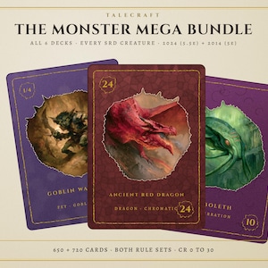 Könnte beinhalten: Ein Talecraft Monster Mega Bundle Kartenset mit drei illustrierten Spielkarten. Die mittlere Karte zeigt einen antiken roten Drachen, während die seitlichen Karten einen Goblin und einen Golem darstellen. Der Text enthält 'THE MONSTER MEGA BUNDLE'.