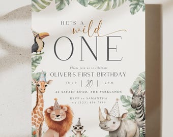 Wild One-verjaardagsuitnodiging: bewerkbaar safaridierenfeest voor jongens (canvasjabloon)