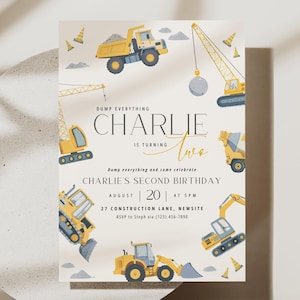 Invito di compleanno per costruttori: modello modificabile per il secondo compleanno di un escavatore