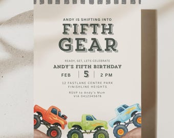 May include: A birthday invitation with the text "ANDY IS SHIFTING INTO FIFTH GEAR". The invitation features three colourful monster trucks in orange, green, and blue. The date and time of the party are also included.