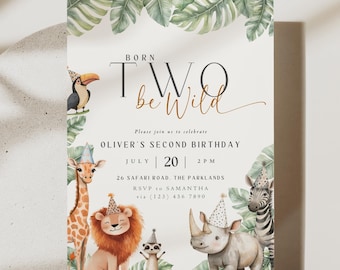 Born To Be Wild Birthday Invitation: Editable Two Year Old Safari Animal Canva Template