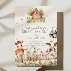 Personalisierte Barnyard Bash Geburtstags-Einladung für Jungen Bauernhof-Tier-Party Einladung für fünf Jahre alten Kinderschmetterling hatte einen Bauernhof-Traktor-Download