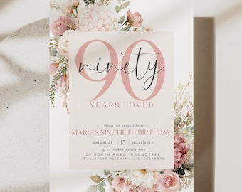 Faire-part 90e anniversaire floral modifiable pour elle : élégante fête des 90 ans rose poudré (modèle de toile)