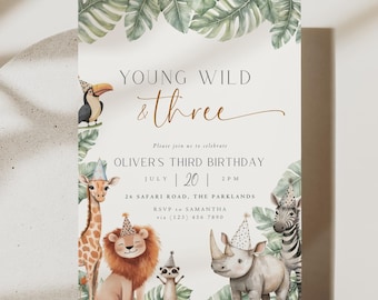 Young Wild And Three Invitation: Editable Safari Animal Third Birthday Party (Digital Download)