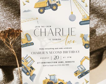 Construction Birthday Invitation: Editable Join the Crew I'm Turning Two Canva Template