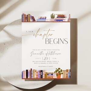 May include: Bridal shower invitation with the text "A New Chapter Begins." The invitation features illustrations of bookshelves with books and a potted plant. The date is July 20th at 2 PM.