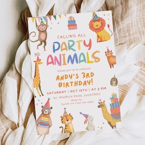 Calling All Party Animals Invitation: Editable Animals in Party Hats Any Age (Digital Download)
