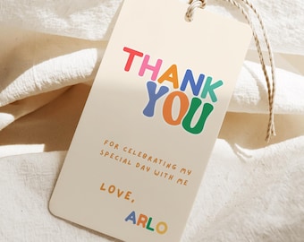 Colorful Kids Birthday Thank You Tag, Editable Simple Bright and Cheerful Birthday Favour Tag Canva Template
