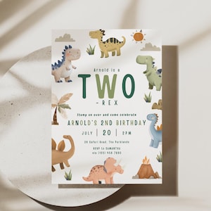 May include: A birthday invitation with a dinosaur theme. The invitation features colorful illustrations of various dinosaurs, a sun, and palm trees. The text reads "Arnold is a TWO - REX" and includes the date, time, and location of the party.