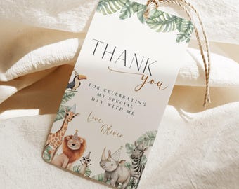 Safari Thank You Tag: Editable Wild One Jungle Animals Birthday Favor (Canva Template)