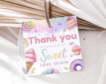 Candy Birthday Thank You Tag Editable Printable Sweets Favor Tag Donut Dessert Gift Card for Girl Birthday Party – Canva Template - PV10