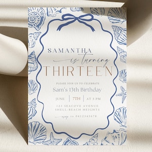 Blue Seashell Birthday Invitation: Summer Sea Theme Party Invite for 13th Birthday Girl (Printable Template)