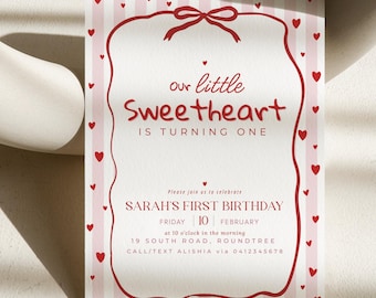 Faire-part d'anniversaire « Une petite chérie » : faire-part pour le premier anniversaire de coeurs roses modifiables (modèle de toile)