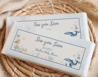 Sea You Soon Baby Shower Chocolate Wrapper Ocean Boy Theme Party Favor Editable Canva Treat Label Coastal Baby Shower Printable Decor