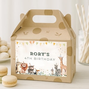 Safari Gable Box Party Favor Four Ever Wild Editable Jungle Party Sticker Boy Safari Animals birthday label Printable Party Box Template