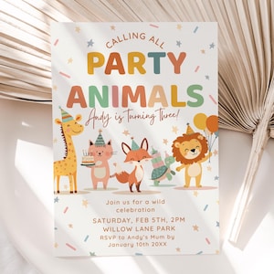 Digital Editable Calling All Party Animals Invitation Kids Birthday Party Animal Theme Editable Canva Template Instant Download - PV07
