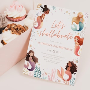 May include: A mermaid-themed birthday invitation with the text "Let's shellabrate" and "Madison's 2nd Birthday." The invitation features illustrations of mermaids and aquatic plants in shades of pink, coral, and teal. Cupcakes in a pink box are in the background.