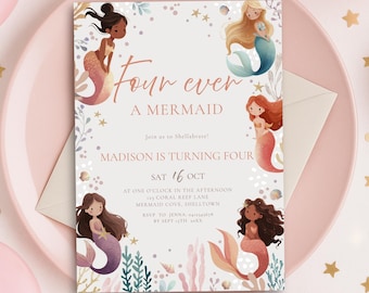 Four Birthday Invitations Mernaid Four Ever a Mermaid Birthday Invitation 4th Birthday Girl Invitation Pastel Mermaid Digital Download