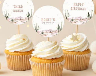 Printable Western 3rd Birthday Cupcake Toppers Editable CowGirl Cupcake Toppers Instant Download Girls Wild West Cupcake Topper Desert