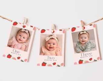 Berry First Birthday Banner, Editable 12 Month Photo Banner, 1st Milestone Monthly Photo Banner (Canva Template)
