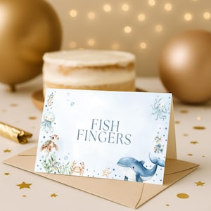 Etiquetas para carpas de comida bajo el mar, decoración imprimible para fiestas infantiles con temática marina, tarjetas de comida de cumpleaños editables, plantilla personalizable con temática oceánica, descarga instantánea