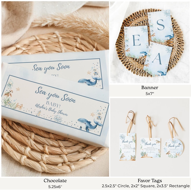 Sea You Soon Baby Bundle Summer Under the Sea Baby Shower Decor for Boy Editable Canva Party Set with Invitations Favors Signs & Labels imagen 8