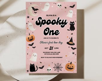 Spooky One First Birthday Invitation Girl Halloween Girl 1st Birthday Invite Pink One Spooky Ghoul First Boo Day Party Instant Download