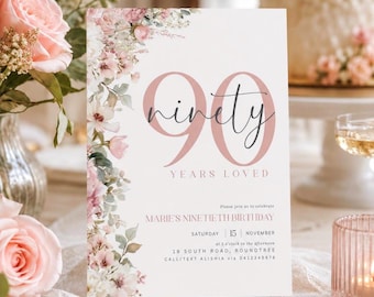 90th Birthday Invitation: Elegant Floral Ninetieth Celebration For Her (Canva Template)