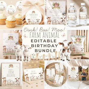 Peut inclure: Ensemble de fournitures de fête d'anniversaire sur le thème des animaux de la ferme. L'image comprend des cupcakes, des invitations, des étiquettes de bouteilles d'eau et des panneaux décoratifs. Le texte dit "Oink! Baa! Moo! Farm Animal Editable Birthday Bundle."