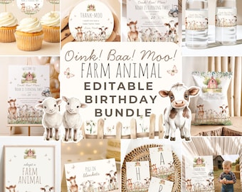 Oink Baa Moo 2nd Birthday Bundle Editable Canva Farm Animal Party Printables Barnyard Cow and Sheep Complete Birthday Set Boys Farm Theme