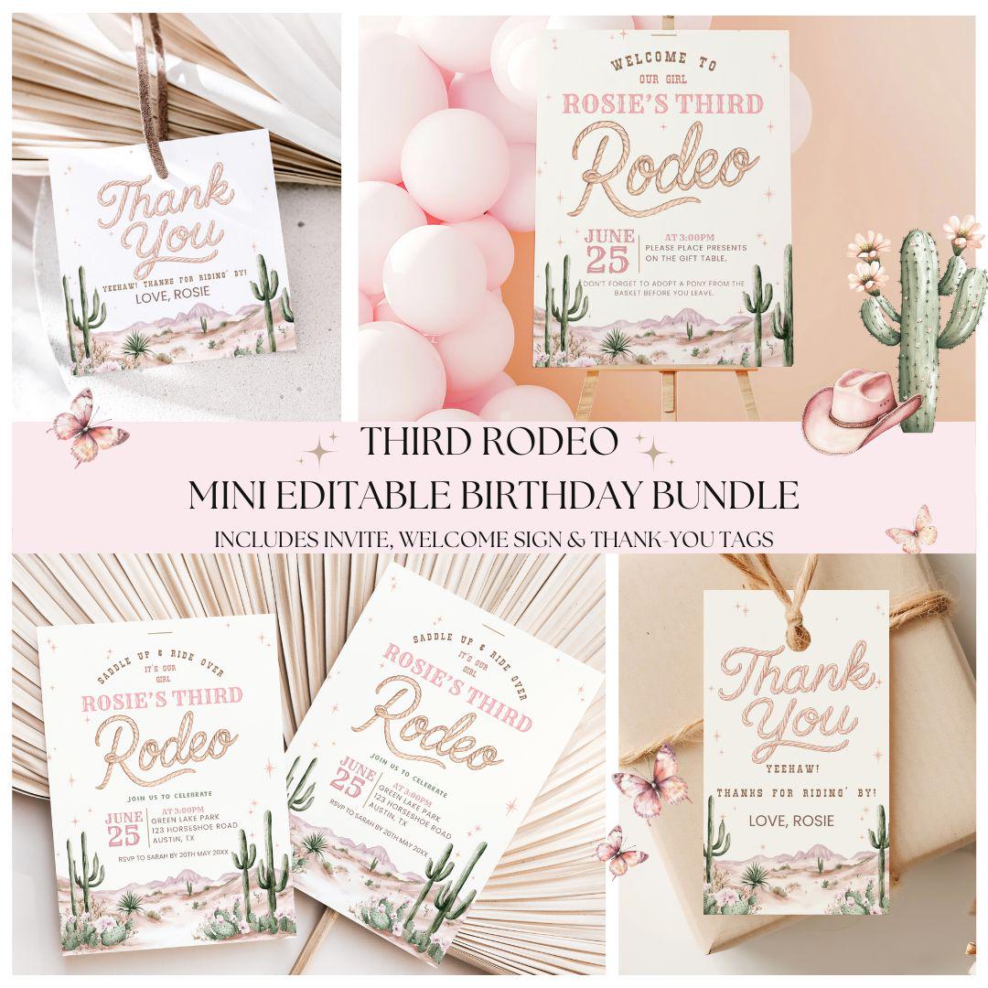 Third Rodeo Party Bundle Girls Western Birthday Set Cowgirl Invite Welcome Sign Thank You Tag Editable Canva Templates, Pink Hoedown