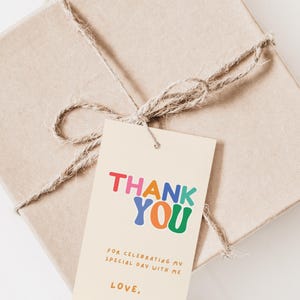 Primary color birthday thank you tag featuring bold color block design, retro kids party favor printable.