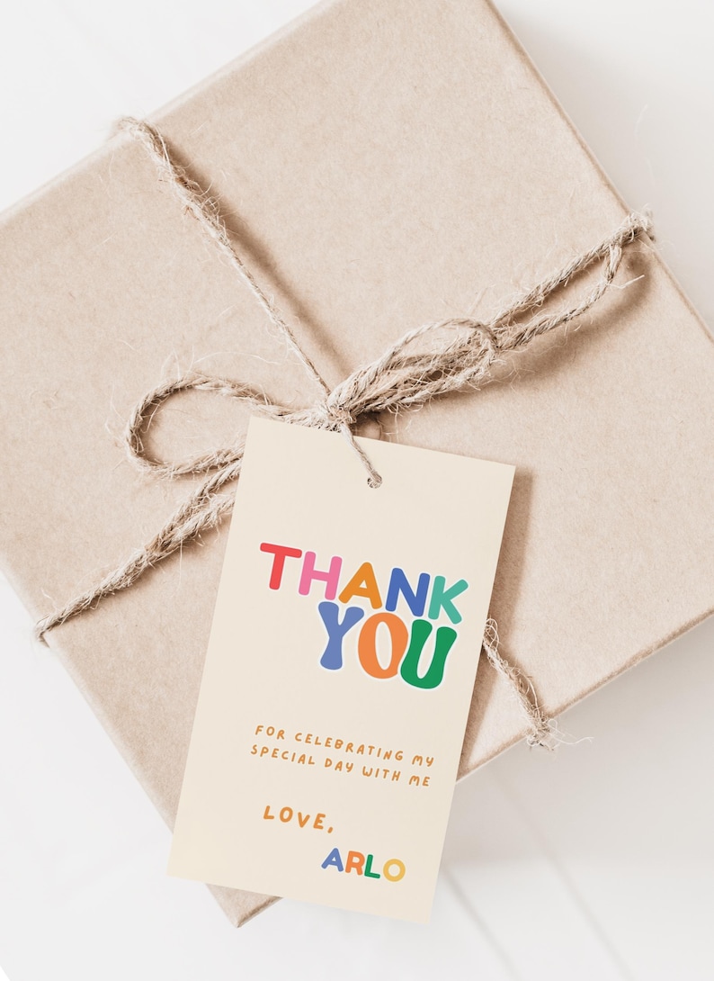 Primary color birthday thank you tag featuring bold color block design, retro kids party favor printable.