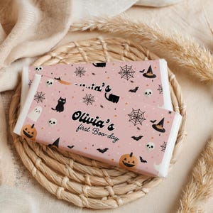Halloween Candy Bar Wrapper Girls First Halloween Favor Pink Ghost Spooky 1st Birthday Treat Editable Canva Template Boo Day Party Decor