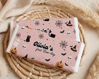 Halloween Candy Bar Wrapper Girls First Halloween Favor Pink Ghost Spooky 1st Birthday Treat Editable Canva Template Boo Day Party Decor