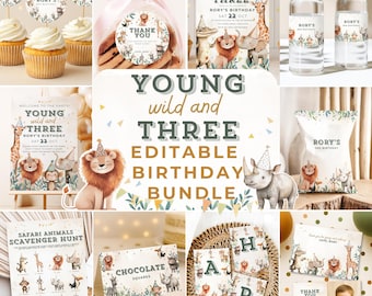 May include: A collection of party supplies with a safari animal theme. Includes cupcakes, cookies, invitations, water bottles, snack bags, and a scavenger hunt. The text "Young Wild and Three" is featured prominently.