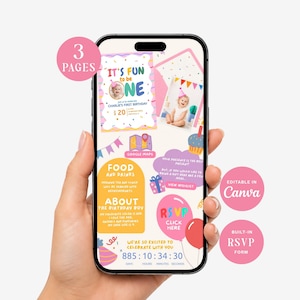 May include: A digital birthday invitation template displayed on a smartphone screen, featuring three pages with colorful graphics, text including 'IT'S FUN to be ONE', a photo placeholder, Google Maps link, food and drink details, and an RSVP button.