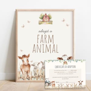 May include: A framed print with the words "adopt a FARM ANIMAL" in brown lettering. The image includes watercolor illustrations of a red barn, butterflies, and farm animals. A matching adoption certificate is included.
