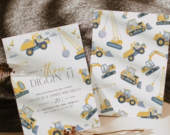 Construction Birthday Invitation: Three and Diggin It Editable Canva Template