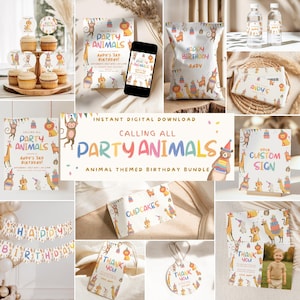 Calling All Party Animals Birthday Bundle: Editable Any Age Safari Party Decorations (Canva Template)
