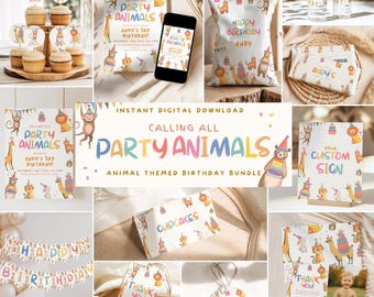 Calling All Party Animals Birthday Bundle: Editable Any Age Safari Party Decorations (Canva Template)