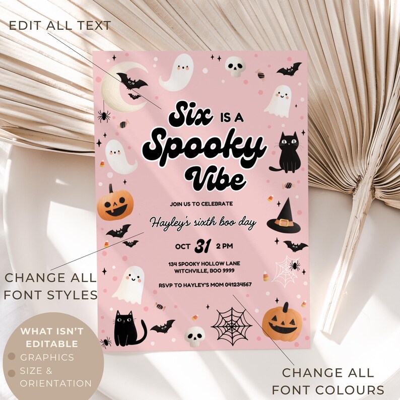 Peut inclure: Une invitation rose pour une f&ecirc;te d'Halloween avec le texte "Six is a Spooky Vibe". L'invitation comprend des illustrations de fant&ocirc;mes, de chauves-souris, de citrouilles et d'un chat noir. La date est le 31 octobre &agrave; 14h.