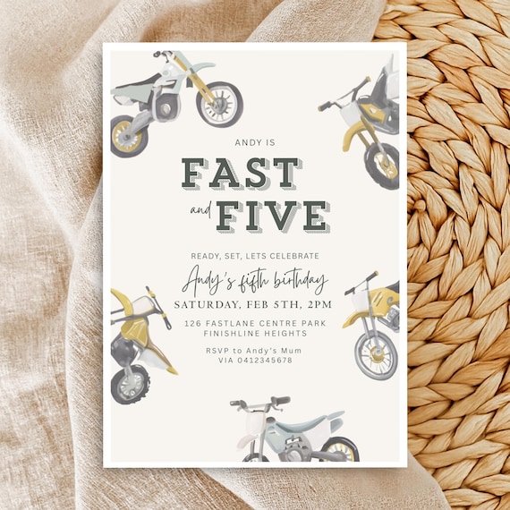 Fast And Five Birthday Invitation For Boy Dirt Bike Theme 5th Birthday Party Printable Fast Fearless And Five Invite Motorcycle Download