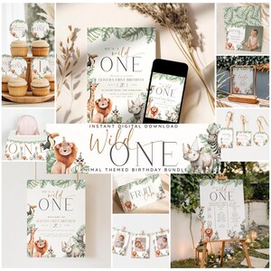Wild One Birthday Bundle: Editable Boys Safari Animal Party Set with Favors, Signs & Labels (Canva Template)