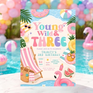 May include: A pool party invitation card featuring the text Young Wild & Three, Trinity's 3rd Birthday, August 14, 2:00 PM to 6:00 PM, 27 Beach St, Paradise Shores, CA 90298, and RSVP to Emma via (555) 5555 555, with illustrations of a beach chair, flamingo float, pineapple, and watermelon.
