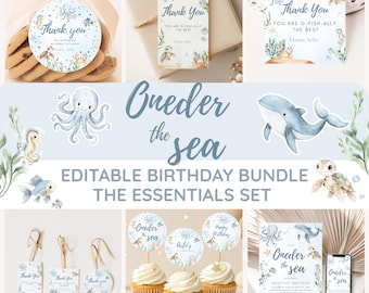 May include: An "Oneder the Sea" themed birthday bundle featuring various stationery items. Includes "Thank You" tags, cupcake toppers, and an invitation. Designs feature watercolor sea creatures like whales, octopuses, and turtles. The text "EDITABLE BIRTHDAY BUNDLE THE ESSENTIALS SET" is also visible.