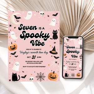 Seven Is a Spooky Vibe Birthday Invite Girls Pink Halloween Birthday Evite 7th Boo Bash Party Spooky Cute October Theme Canva Template