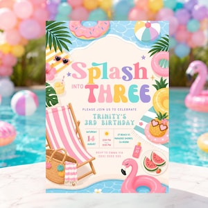 May include: A birthday invitation card featuring a pool party theme with the text Splash into Three, Trinity's 3rd Birthday, Saturday 14 August, 2:00 PM to 6:00 PM, 27 Beach St, Paradise Shores, CA 90298, and RSVP to Emma via (555) 555 5555.