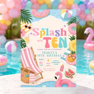 Pool Party Birthday Invitation, Summer Break Splash Into Ten Girls 10th Birthday Invite, Water Slide Party, Editable Canva Template