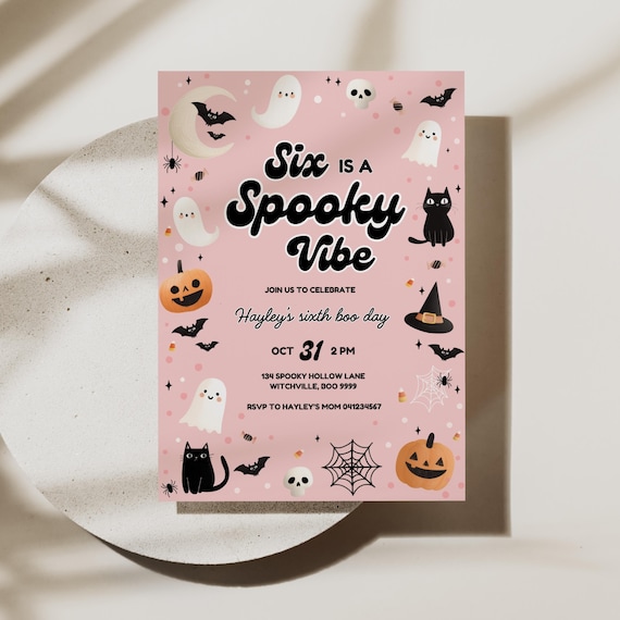 Six Is a Spooky Vibe Invite Pastel Pink Girls Ghost 6th Birthday Template Sweet & Spooky Party Not So Spooky Halloween Party Download